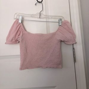light pink scrunchie crop top puffed sleeves